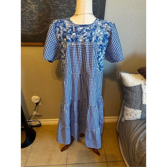 Margarita Mercantile Blue White Embroidered Gingham Tiered Midi Mexico Dress - Picture 3 of 13